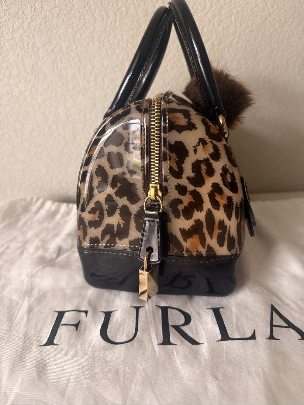 Furla Leopard-Print Dome Satchel with Black Trim and Pom-Authentic!! - Picture 5 of 11